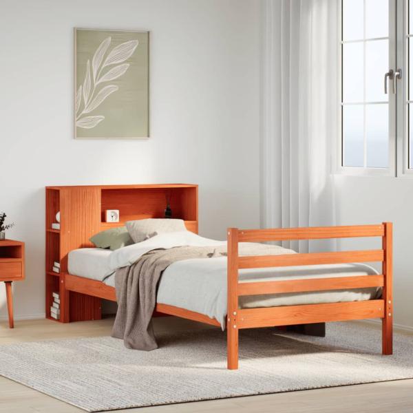 ARDEBO.de - Massivholzbett mit Regal ohne Matratze Wachsbraun 75x190 cm