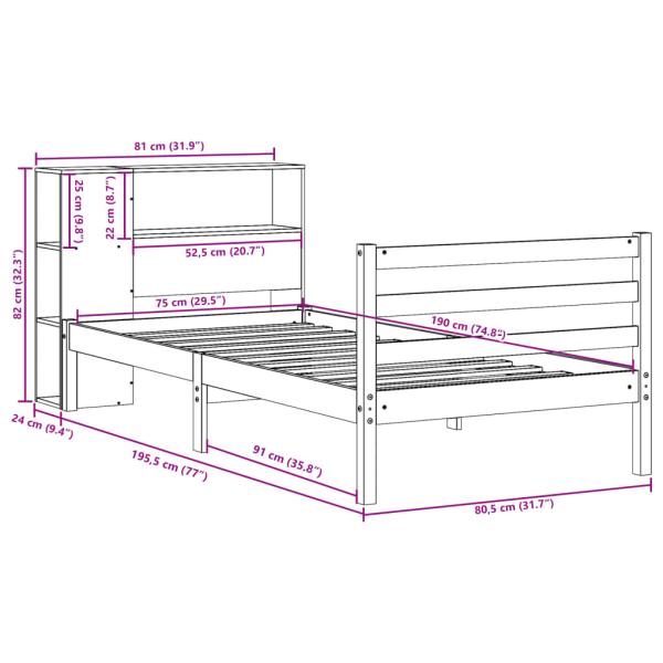Massivholzbett mit Regal ohne Matratze Wachsbraun 75x190 cm