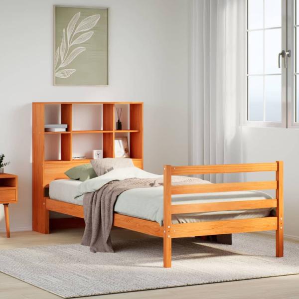 ARDEBO.de - Massivholzbett mit Regal ohne Matratze Wachsbraun 75x190 cm