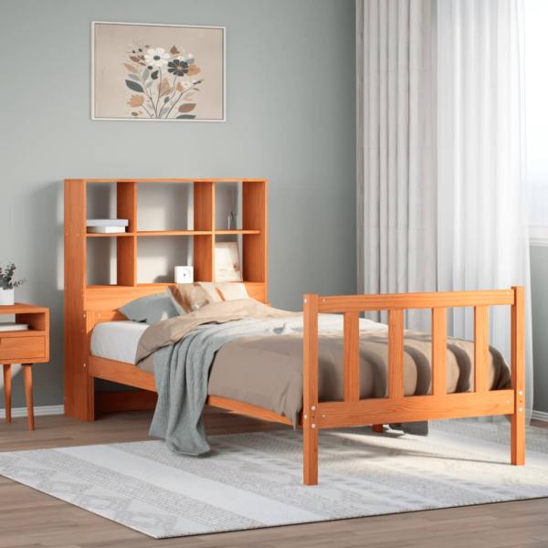 ARDEBO.de - Massivholzbett mit Regal ohne Matratze Wachsbraun 75x190 cm