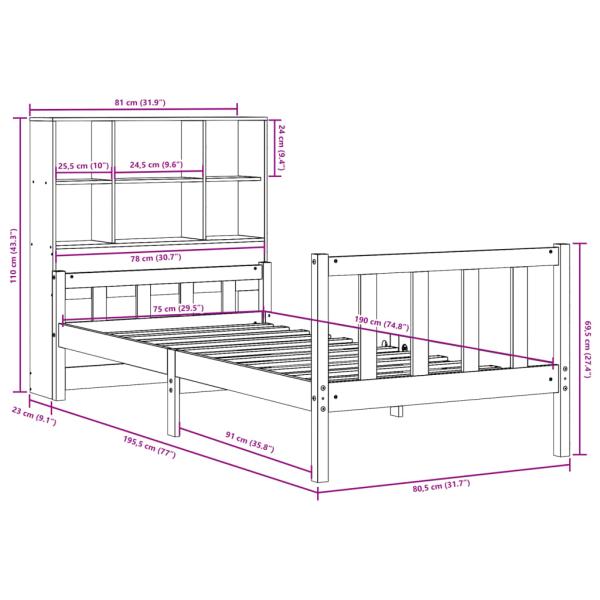 Massivholzbett mit Regal ohne Matratze Wachsbraun 75x190 cm