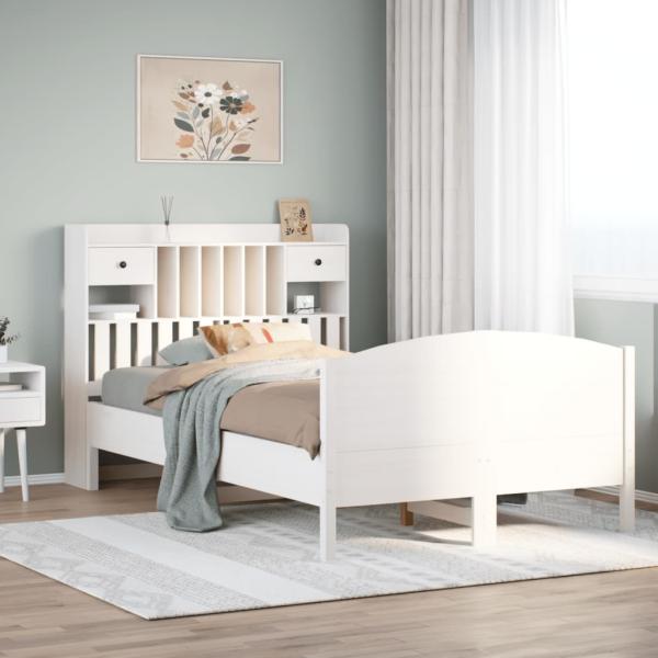 ARDEBO.de - Massivholzbett mit Regal ohne Matratze Weiß 135x190 cm Kiefer