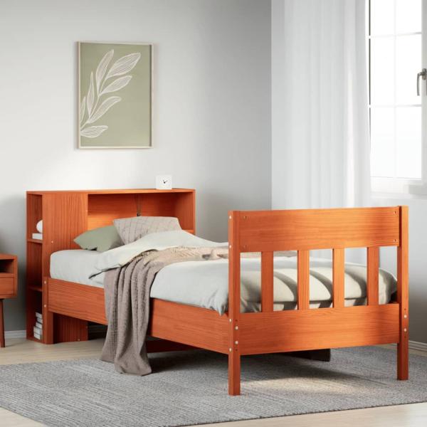 ARDEBO.de - Massivholzbett mit Regal ohne Matratze Wachsbraun 75x190 cm