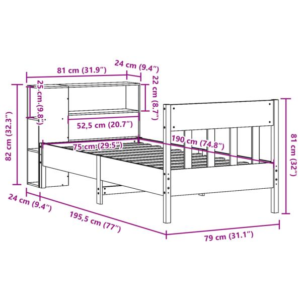 Massivholzbett mit Regal ohne Matratze Wachsbraun 75x190 cm
