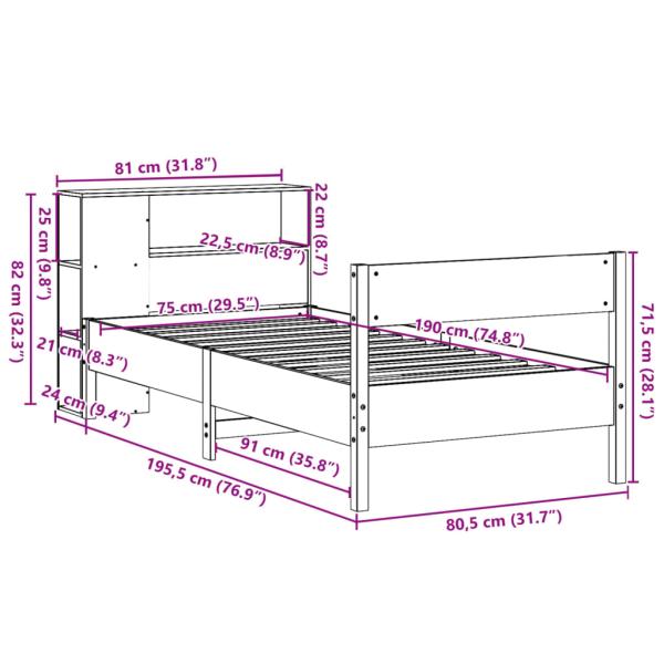 Massivholzbett mit Regal ohne Matratze Wachsbraun 75x190 cm