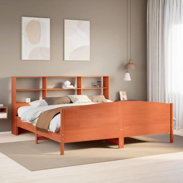 ARDEBO.de - Massivholzbett mit Regal ohne Matratze Wachsbraun 200x200 cm