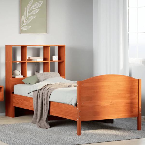 ARDEBO.de - Massivholzbett mit Regal ohne Matratze Wachsbraun 90x200 cm
