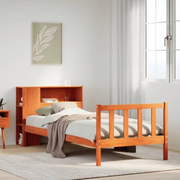 ARDEBO.de - Massivholzbett mit Regal ohne Matratze Wachsbraun 75x190 cm