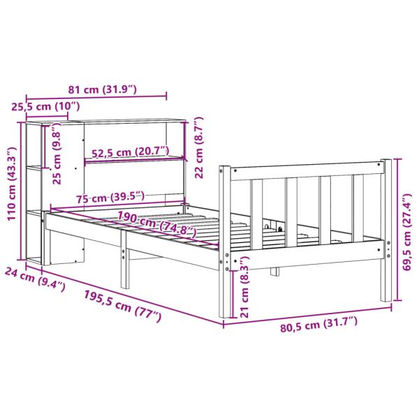 Massivholzbett mit Regal ohne Matratze Wachsbraun 75x190 cm