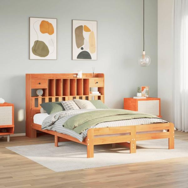 ARDEBO.de - Massivholzbett mit Regal ohne Matratze Wachsbraun 160x200 cm
