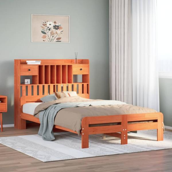 ARDEBO.de - Massivholzbett mit Regal ohne Matratze Wachsbraun 135x190 cm