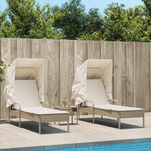 ARDEBO.de - Sonnenliegen 2 Stk. mit Dach und Tisch Beige Poly Rattan