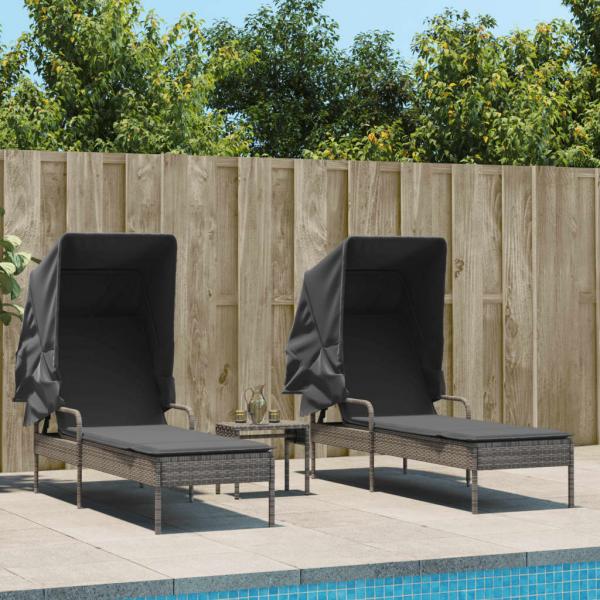 ARDEBO.de - Sonnenliegen 2 Stk. mit Dach und Tisch Grau Poly Rattan