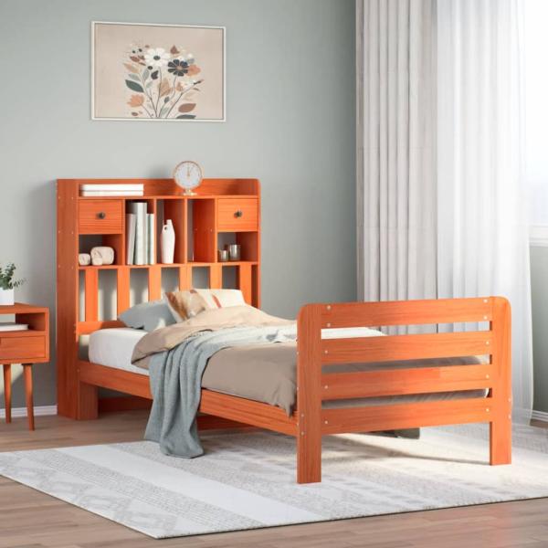 ARDEBO.de - Massivholzbett mit Regal ohne Matratze Wachsbraun 75x190 cm