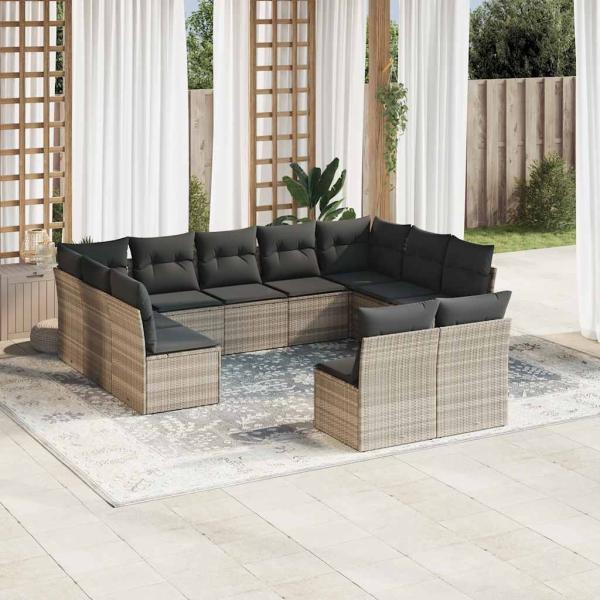 ARDEBO.de - 11-tlg. Garten-Sofagarnitur mit Kissen Hellgrau Poly Rattan