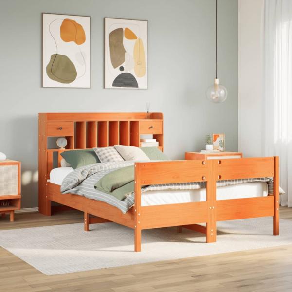 ARDEBO.de - Massivholzbett mit Regal ohne Matratze Wachsbraun 140x200 cm