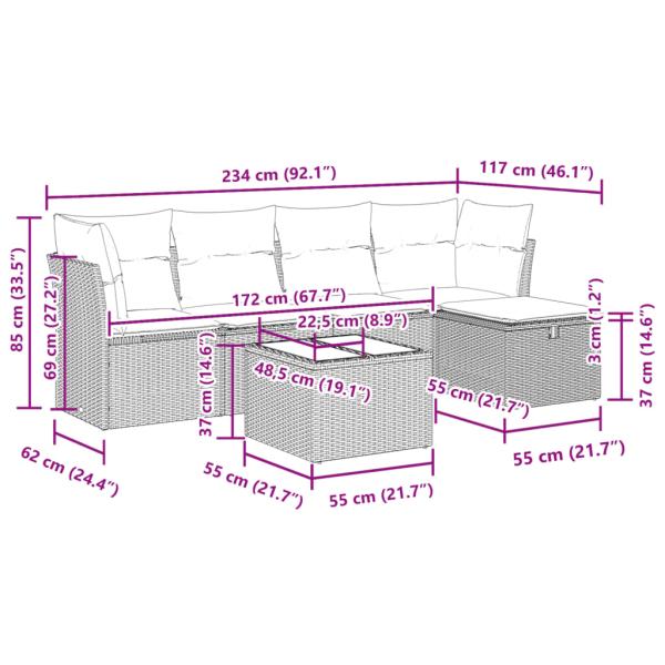 6-tlg. Garten-Sofagarnitur mit Kissen Grau Poly Rattan