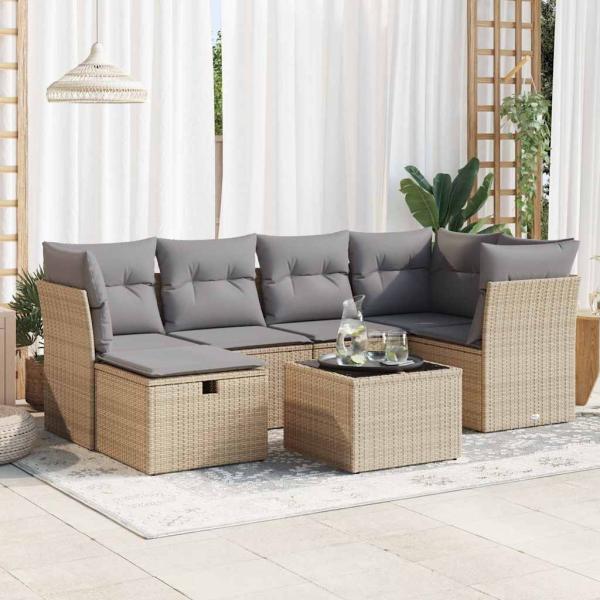 ARDEBO.de - 7-tlg. Garten-Sofagarnitur mit Kissen Beige Poly Rattan