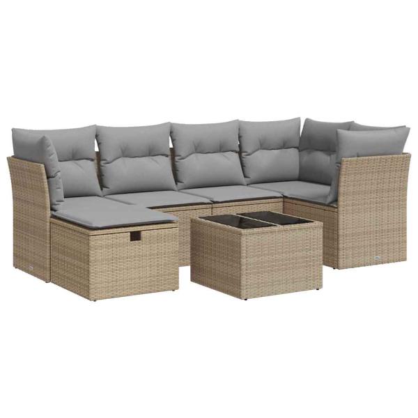7-tlg. Garten-Sofagarnitur mit Kissen Beige Poly Rattan