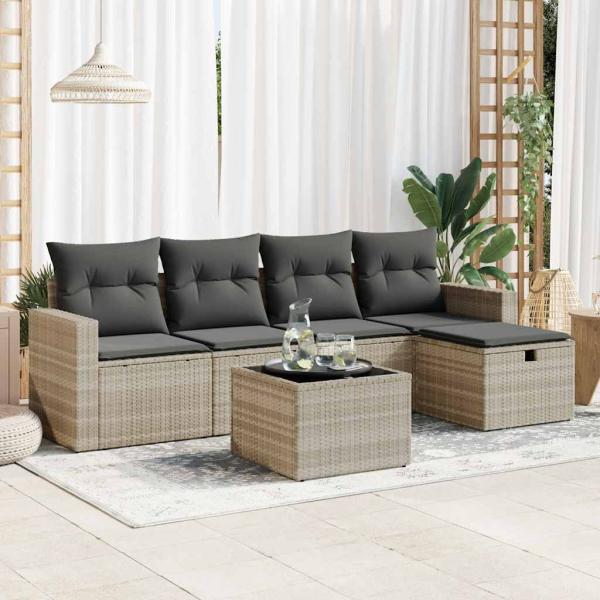 ARDEBO.de - 6-tlg. Garten-Sofagarnitur mit Kissen Hellgrau Poly Rattan