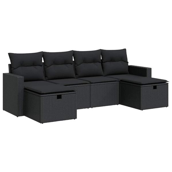 6-tlg. Garten-Sofagarnitur mit Kissen Schwarz Poly Rattan