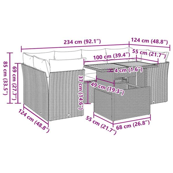 7-tlg. Garten-Sofagarnitur mit Kissen Grau Poly Rattan