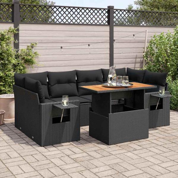 ARDEBO.de - 7-tlg. Garten-Sofagarnitur mit Kissen Schwarz Poly Rattan