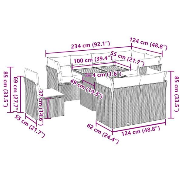 9-tlg. Garten-Sofagarnitur mit Kissen Grau Poly Rattan
