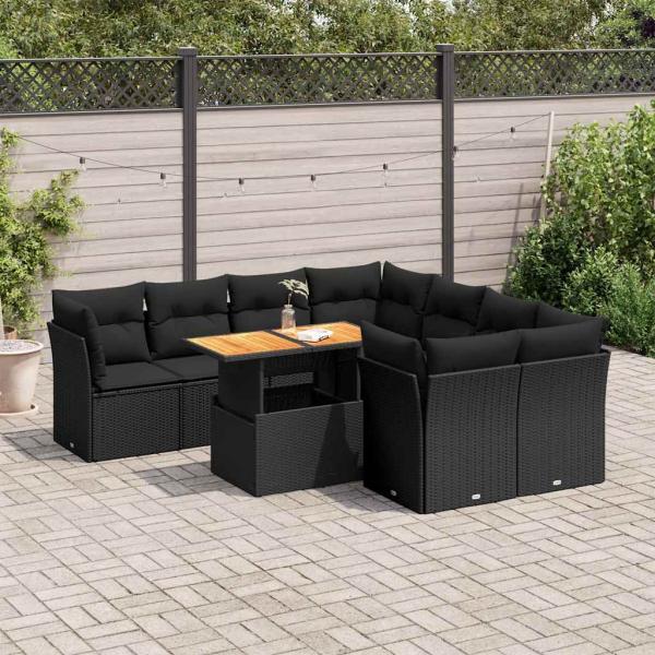 ARDEBO.de - 9-tlg. Garten-Sofagarnitur mit Kissen Schwarz Poly Rattan