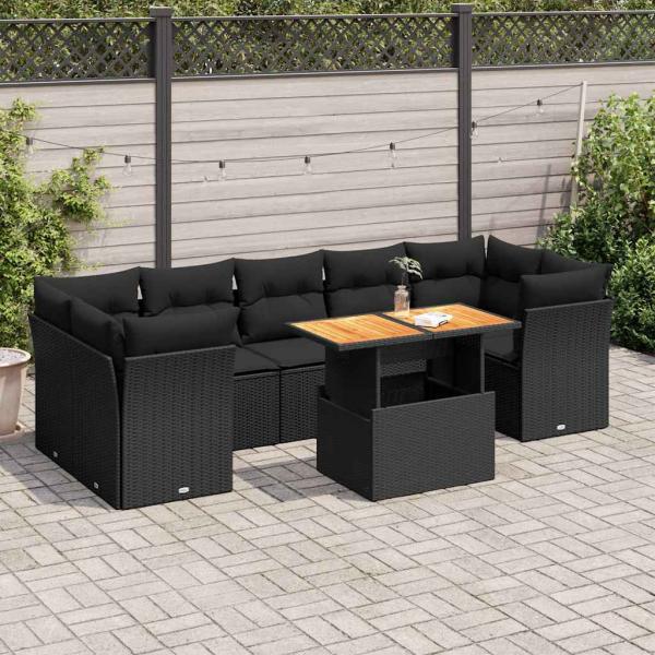 ARDEBO.de - 8-tlg. Garten-Sofagarnitur mit Kissen Schwarz Poly Rattan