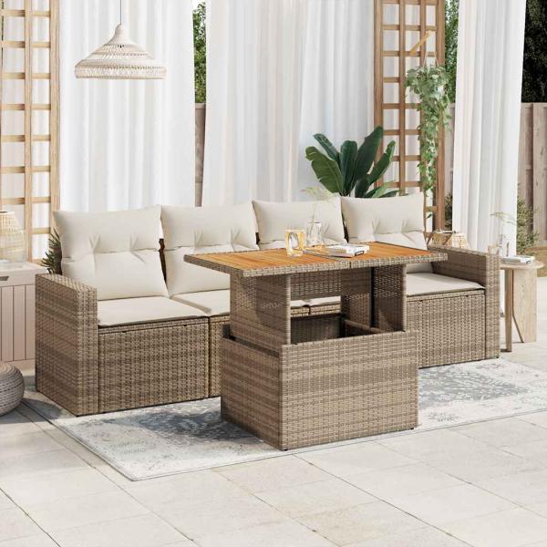 ARDEBO.de - 5-tlg. Garten-Sofagarnitur mit Kissen Beige Poly Rattan