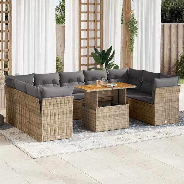 ARDEBO.de - 10-tlg. Garten-Sofagarnitur mit Kissen Beige Poly Rattan