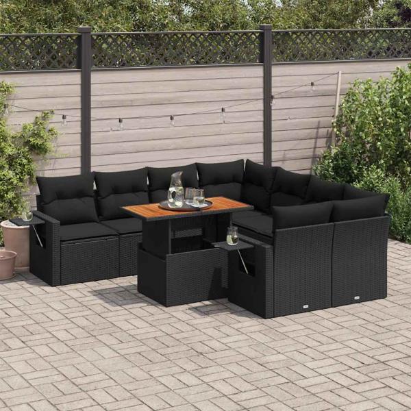 ARDEBO.de - 9-tlg. Garten-Sofagarnitur mit Kissen Schwarz Poly Rattan