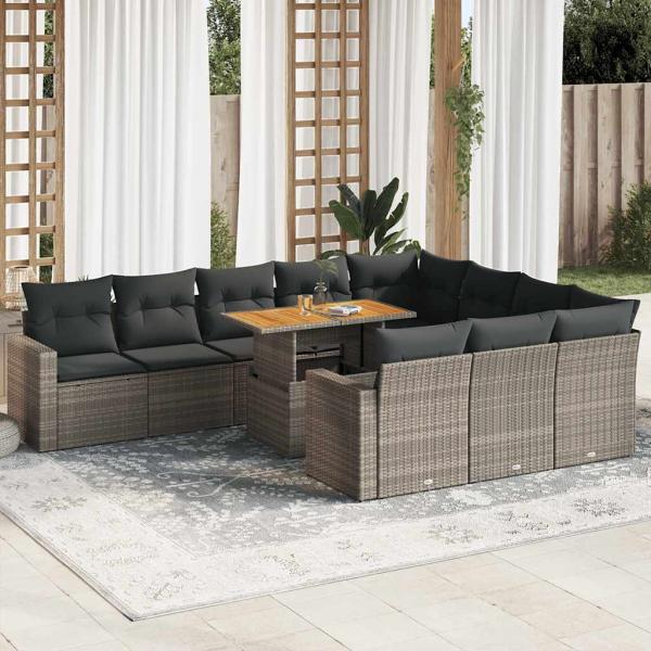 ARDEBO.de - 11-tlg. Garten-Sofagarnitur mit Kissen Grau Poly Rattan