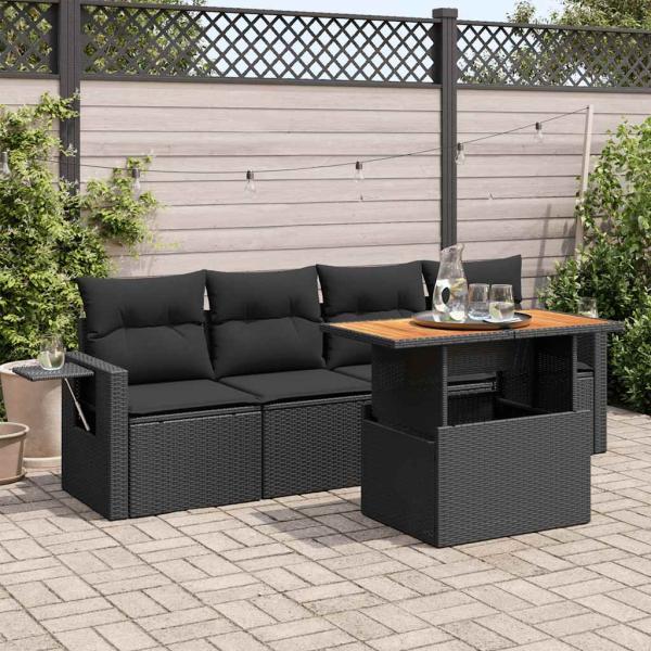 ARDEBO.de - 5-tlg. Garten-Sofagarnitur mit Kissen Schwarz Poly Rattan