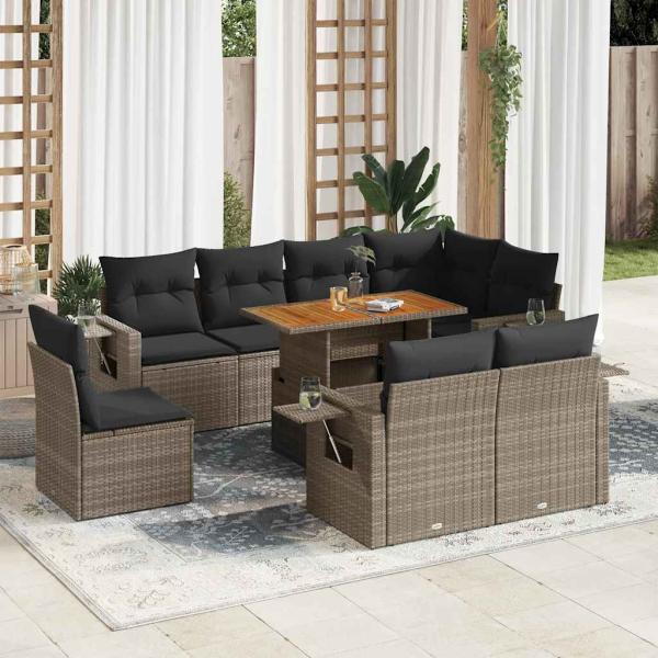 ARDEBO.de - 9-tlg. Garten-Sofagarnitur mit Kissen Grau Poly Rattan