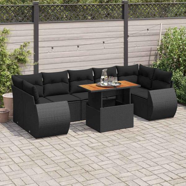 ARDEBO.de - 8-tlg. Garten-Sofagarnitur mit Kissen Schwarz Poly Rattan