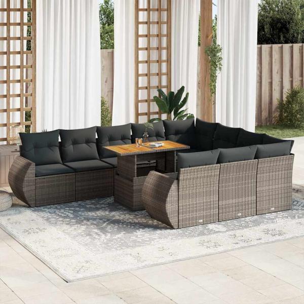 ARDEBO.de - 11-tlg. Garten-Sofagarnitur mit Kissen Grau Poly Rattan
