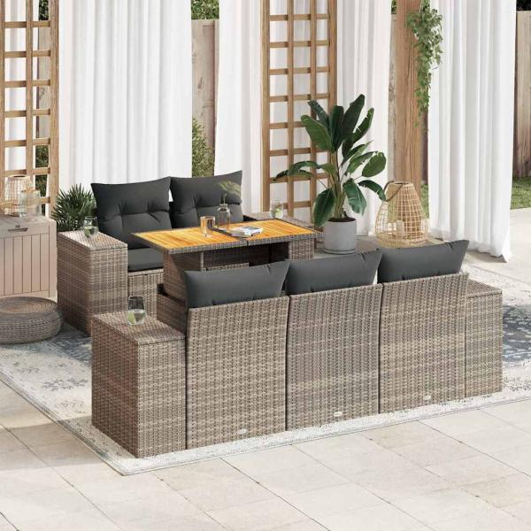 ARDEBO.de - 6-tlg. Garten-Sofagarnitur mit Kissen Grau Poly Rattan