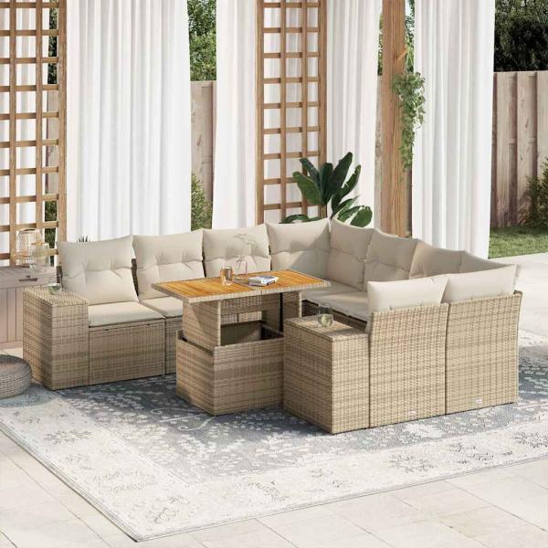 ARDEBO.de - 9-tlg. Garten-Sofagarnitur mit Kissen Beige Poly Rattan