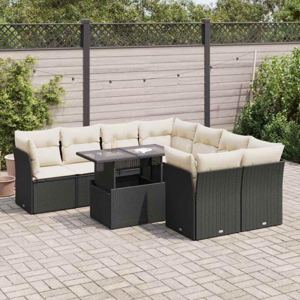 ARDEBO.de - 9-tlg. Garten-Sofagarnitur mit Kissen Schwarz Poly Rattan