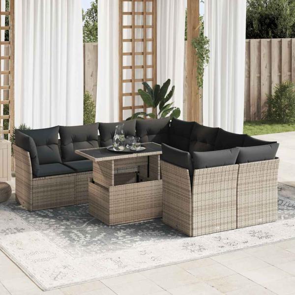 ARDEBO.de - 9-tlg. Garten-Sofagarnitur mit Kissen Grau Poly Rattan