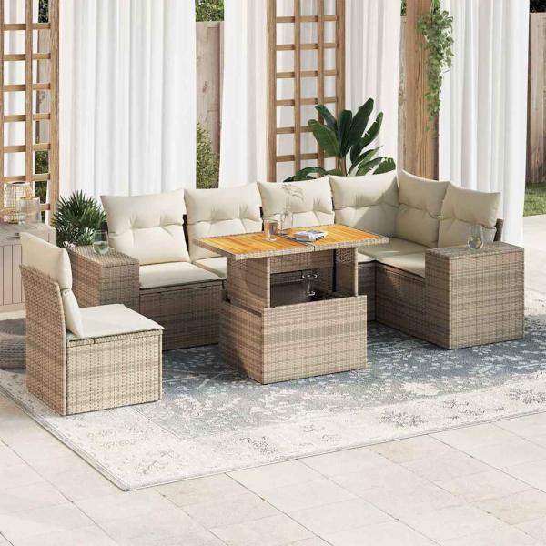 ARDEBO.de - 7-tlg. Garten-Sofagarnitur mit Kissen Beige Poly Rattan