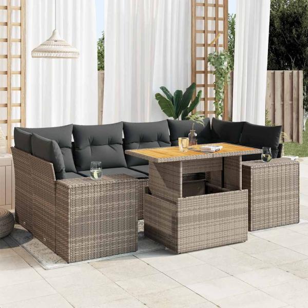 ARDEBO.de - 7-tlg. Garten-Sofagarnitur mit Kissen Grau Poly Rattan