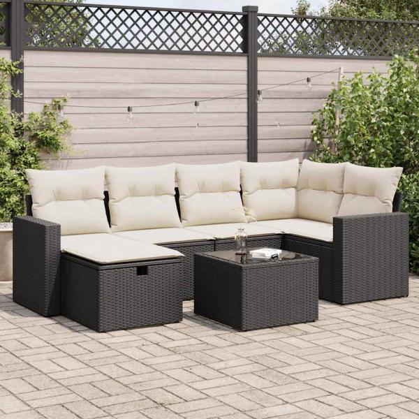 ARDEBO.de - 7-tlg. Garten-Sofagarnitur mit Kissen Schwarz Poly Rattan