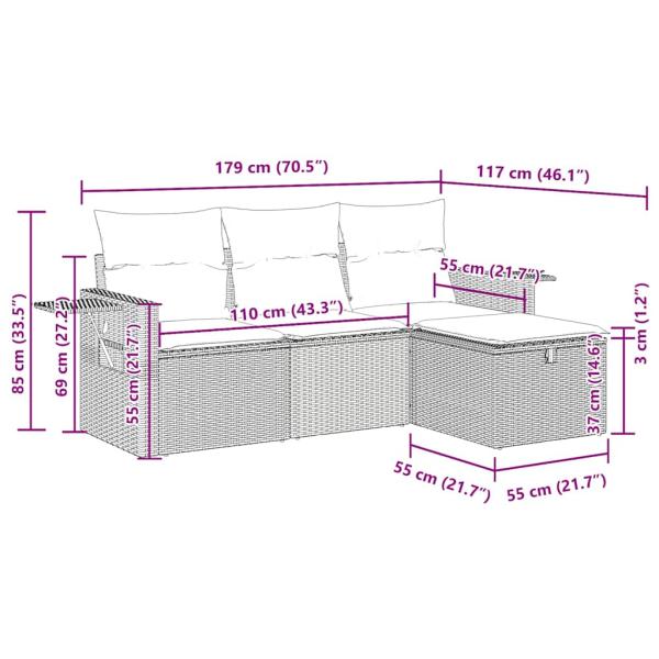 4-tlg. Garten-Sofagarnitur mit Kissen Grau Poly Rattan
