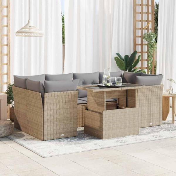 ARDEBO.de - 7-tlg. Garten-Sofagarnitur mit Kissen Beige Poly Rattan