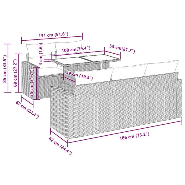 7-tlg. Garten-Sofagarnitur mit Kissen Hellgrau Poly Rattan