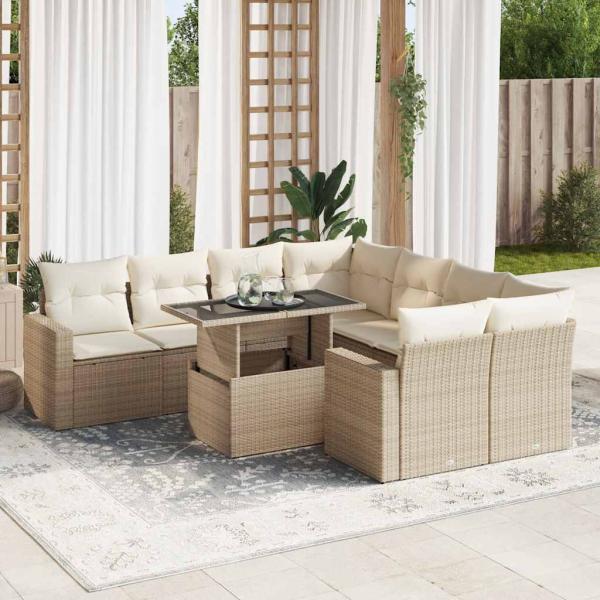 ARDEBO.de - 9-tlg. Garten-Sofagarnitur mit Kissen Beige Poly Rattan