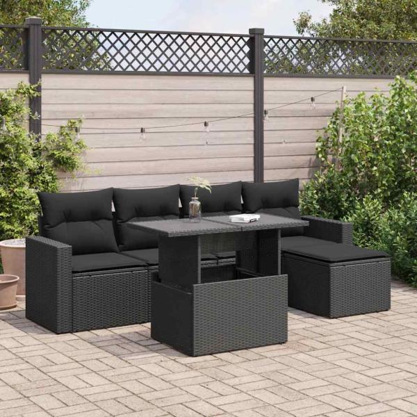 ARDEBO.de - 6-tlg. Garten-Sofagarnitur mit Kissen Schwarz Poly Rattan